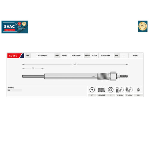 Hyundai H1 Heater Glow Plug Porter İLoad i800 Kia Sorento  367104A100