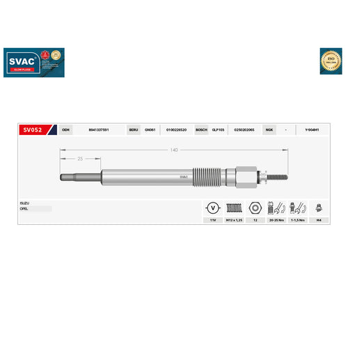 Isuzu  D Max Heater Glow Plug Trooper Vauxhall Campo Frontera   94133759